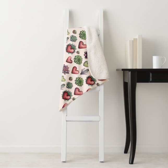 Couverture Sherpa Aquarelle de coeur Succulente Valentines Motif de  (En situation)