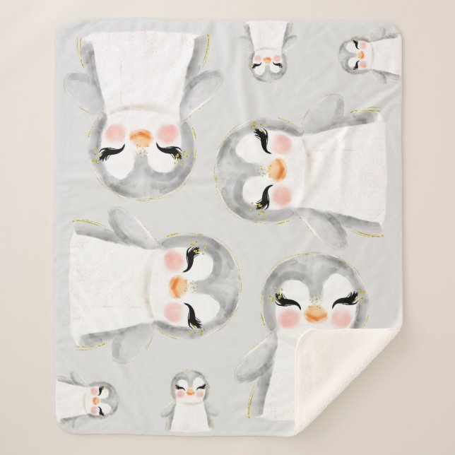 Couverture Sherpa Aquarelle de pingouins mignons (Devant)