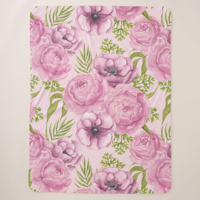Couverture Sherpa Aquarelle des fleurs de pivoine et d'anémone (Devant)