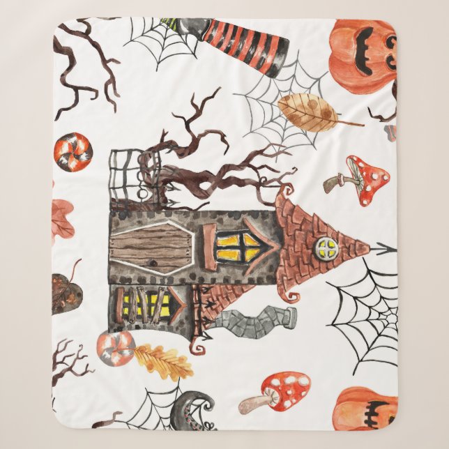 Couverture Sherpa Aquarelle d'Halloween : Haunted House Motif. (Devant)