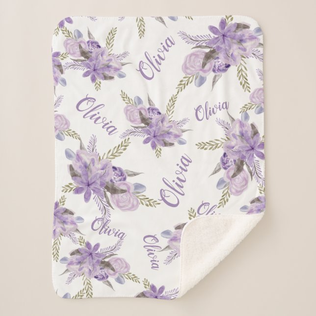 Couverture Sherpa Aquarelle fleurie pourpre Baby Girl Nom script (Devant)