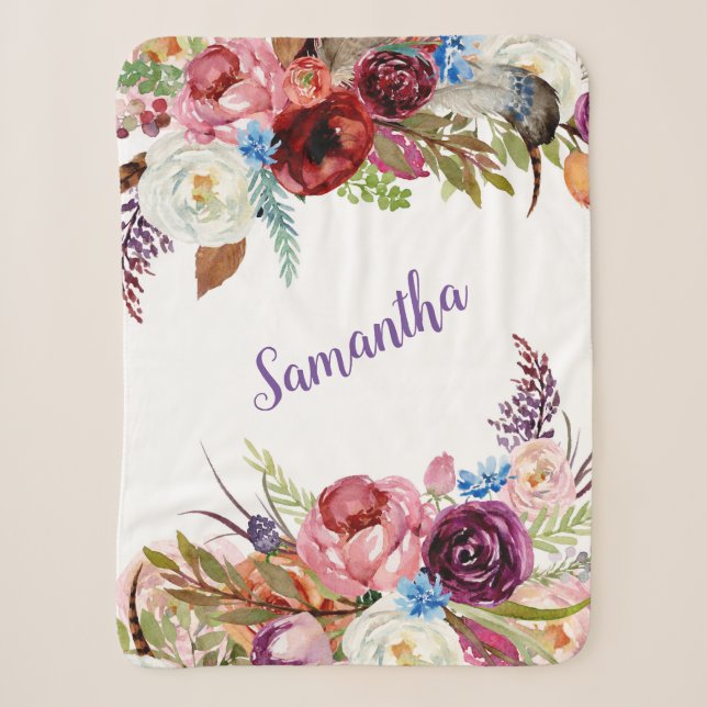 Couverture Sherpa Aquarelle Floral Baby Girl Name (Devant)