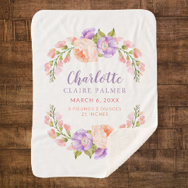 Couverture Sherpa Aquarelle Floral Personnalisé Baby Birth Stats