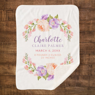 Couverture Sherpa Aquarelle Floral Personnalisé Baby Birth Stats