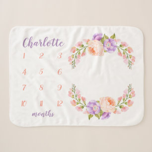 Couverture Sherpa Aquarelle Florale Monogramme Baby Milestone Photo