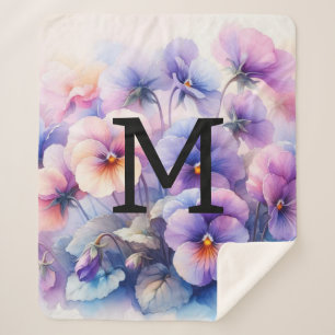 Couverture Sherpa Aquarelle florale monogramme rose pourpre panses