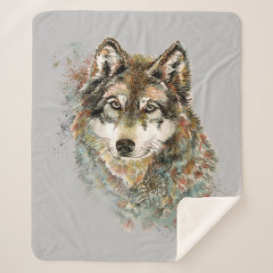 Couverture Sherpa Aquarelle Gris Loup Animal Faune Nature Art