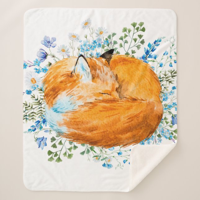 Couverture Sherpa aquarelle illustration d'un renard endormi, renard (Devant)