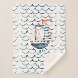 Couverture Sherpa Aquarelle marin rouge et bleu monogramme