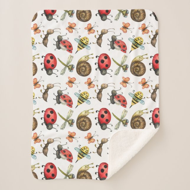 Couverture Sherpa Aquarelle mignonne Cartoon Bugs Insectes Nature Ar (Devant)
