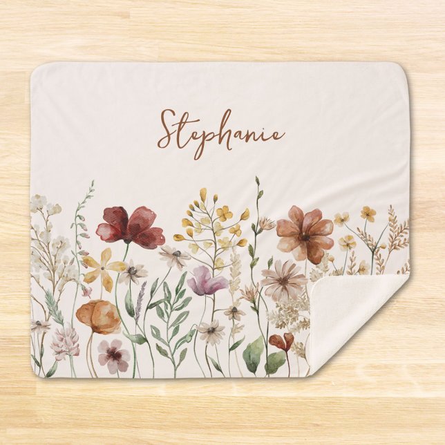 Couverture Sherpa Aquarelle monogramme Fleur sauvage Joli Floral (In situ)