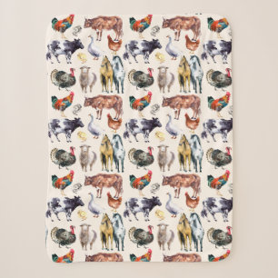 Couverture Sherpa Aquarelle motif des animaux de ferme