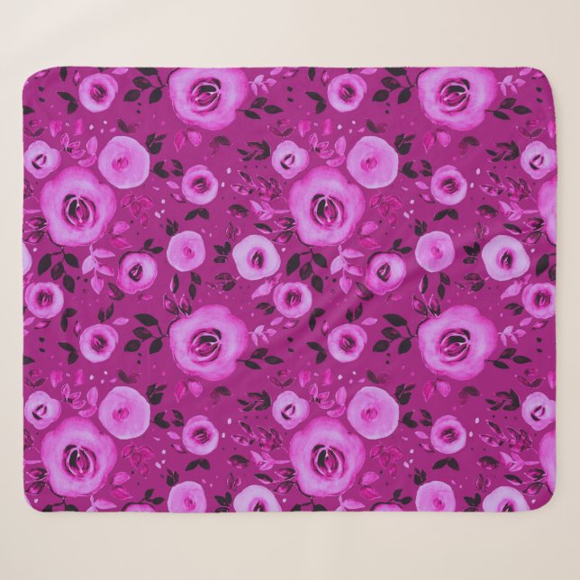 Couverture Sherpa Aquarelle motifs floraux dans Berry Magenta (Devant (Horizontal))