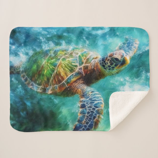 Couverture Sherpa Aquarelle Natation Tortue de mer (Devant (Horizontal))