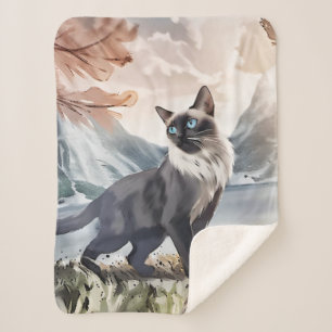 Couverture Sherpa Aquarelle Noir et Blanc Fluffin Chat dans la natur