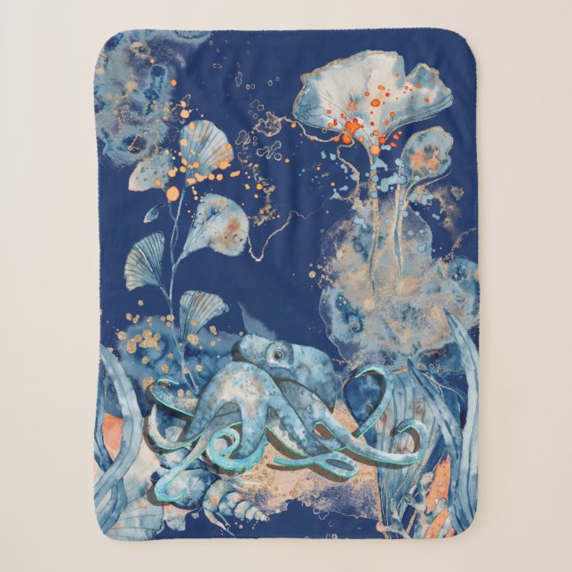 Couverture Sherpa Aquarelle octopus vie marine or orange (Devant)