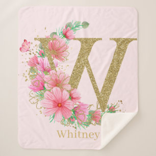 Couverture Sherpa Aquarelle or et Floral Monogramme lettre W