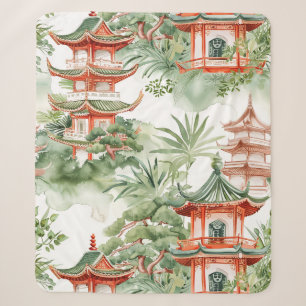 Couverture Sherpa Aquarelle Pagode asiatique dans paysage verdoyant