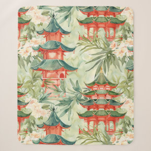 Couverture Sherpa Aquarelle Pagode asiatique dans paysage verdoyant