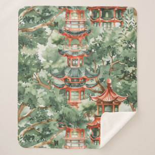 Couverture Sherpa Aquarelle Pagode asiatique dans paysage verdoyant 