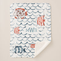 Aquarelle poisson rouge et bleu monogramme