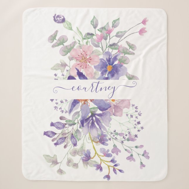 Couverture Sherpa Aquarelle rose et violet florale personnalisée (Devant)