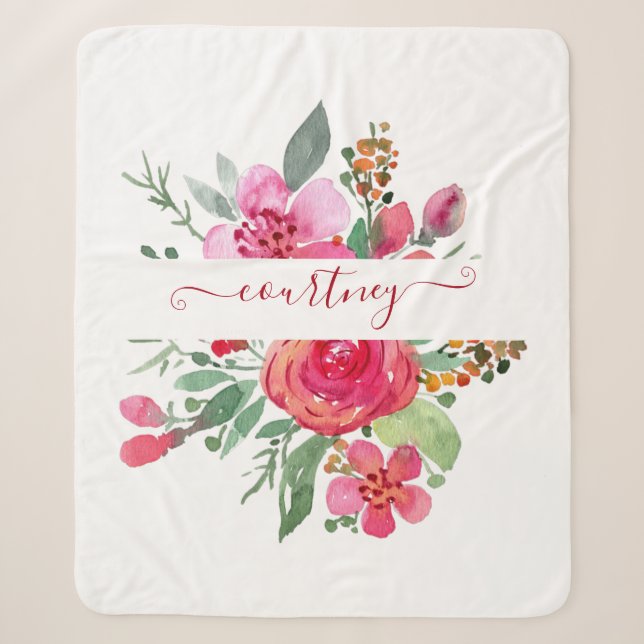 Couverture Sherpa Aquarelle rose floral personnalisé (Devant)