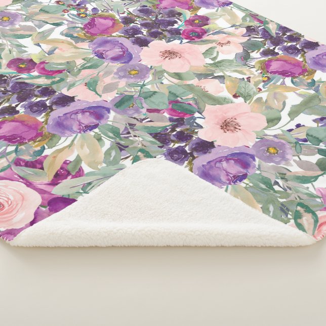 Couverture Sherpa Aquarelle rose violet élégant Boho floral (3/4)