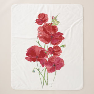 Couverture Sherpa Aquarelle Rouge Pavot colibri Oiseau du jardin
