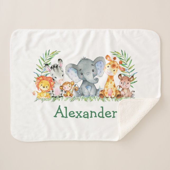 Couverture Sherpa Aquarelle Safari Bébé Animaux Bébé Eléphant Bébé (Devant (Horizontal))