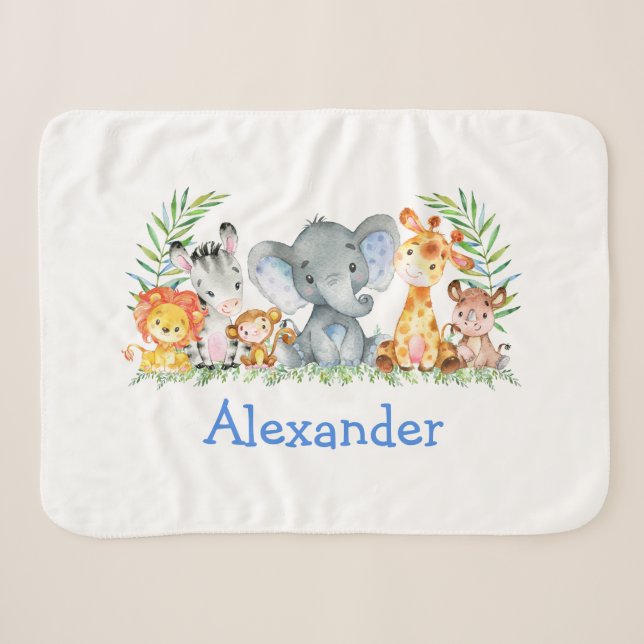 Couverture Sherpa Aquarelle Safari Bébé Animaux Blue Elephant (Devant (Horizontal))