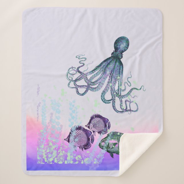 Couverture Sherpa Aquarelle Sous-Mer Poctopes Poissons Océan Vie (Devant)