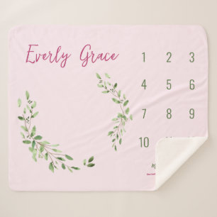 Couverture Sherpa Aquarelle Vert Feuilles rose bébé fille jalon