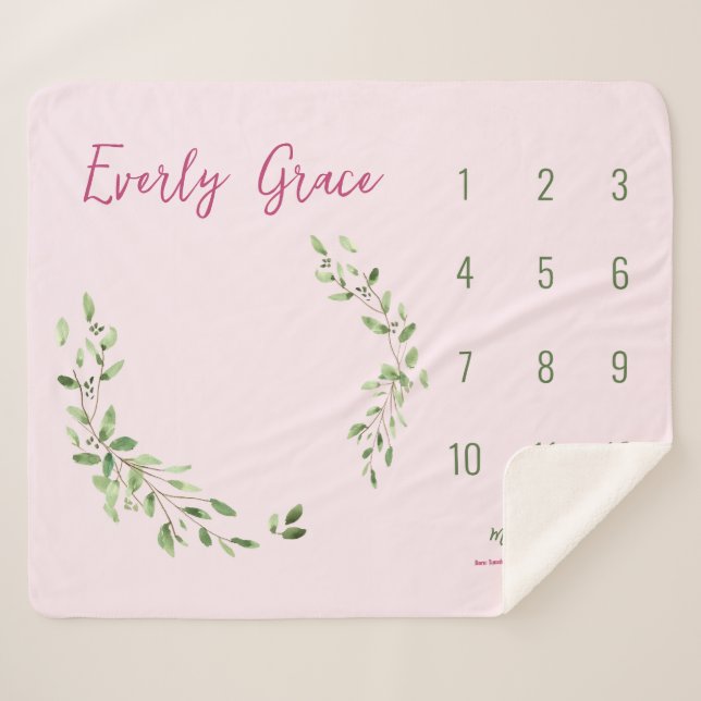 Couverture Sherpa Aquarelle Vert Feuilles rose bébé fille jalon (Devant (Horizontal))