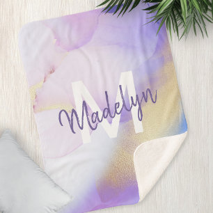 Couverture Sherpa Aquarelle violet Abstrait Girly Luxury Monogramme