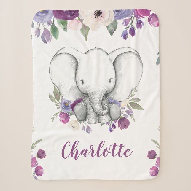 Couverture Sherpa Aquarelle violette Eléphant floral personnalisé (Devant)