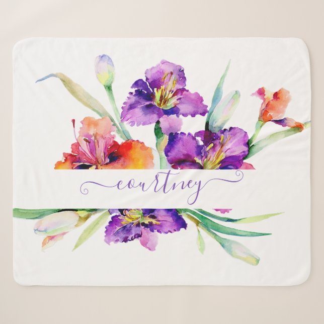 Couverture Sherpa Aquarelle violette Iris personnalisée (Devant (Horizontal))