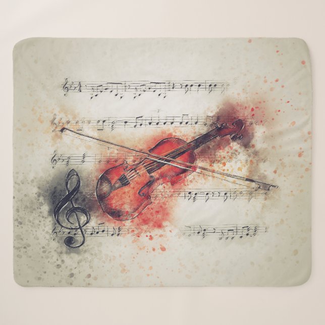 Couverture Sherpa Aquarelle Violon Feuille Musique Rouille Crème Noi (Devant (Horizontal))