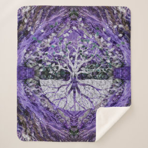 Couverture Sherpa Arbre de la vie argenté Yggdrasil sur l'améthyst