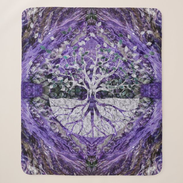 Couverture Sherpa Arbre de la vie argenté Yggdrasil sur l'améthyste (Devant)