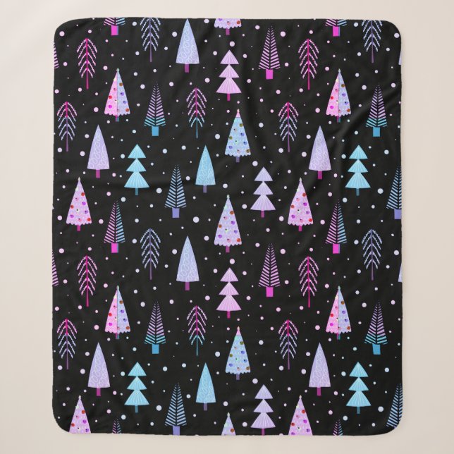 Couverture Sherpa Arbres de Noël modernes violet rose Motif noir (Devant)