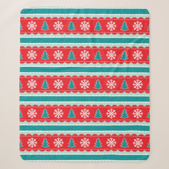 Couverture Sherpa Arbres de Noël Snowflakes Rouge Turquoise Motif (Devant)