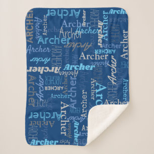 Couverture Sherpa Archer nom personnalisé nuances de bleu et gris