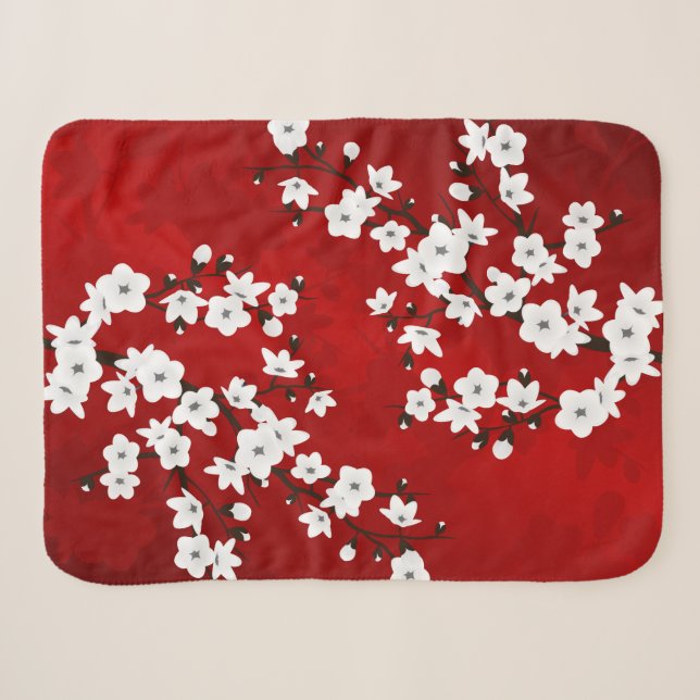 Couverture Sherpa Asie Floral blanc cerisier rouge (Devant (Horizontal))