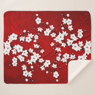 Couverture Sherpa Asie Floral blanc cerisier rouge