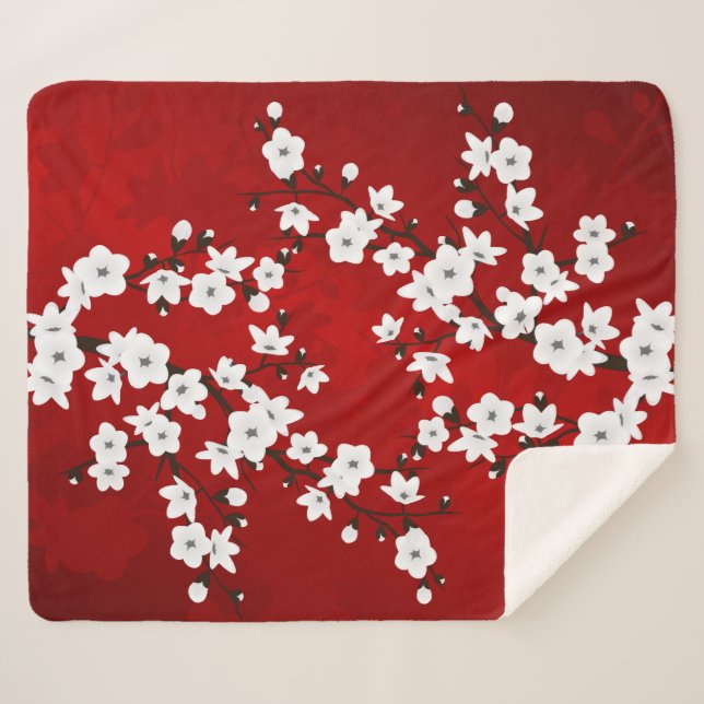 Couverture Sherpa Asie Floral blanc cerisier rouge (Devant (Horizontal))