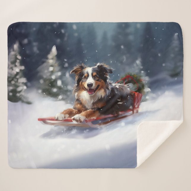 Couverture Sherpa Australian Shepherd hiver neige de Noël (Devant (Horizontal))