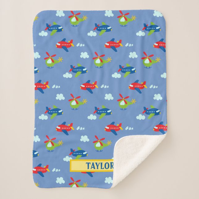 Couverture Sherpa Avions, Hélicoptères et Nuages Artwork on Blue, No (Devant)