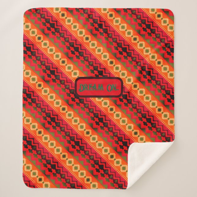 Couverture Sherpa Aztèque rouge orange vert (Devant)