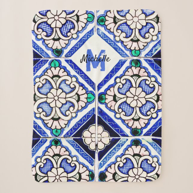 Couverture Sherpa Azulejo Motif espagnol Carreaux marine Monogramme  (Devant)